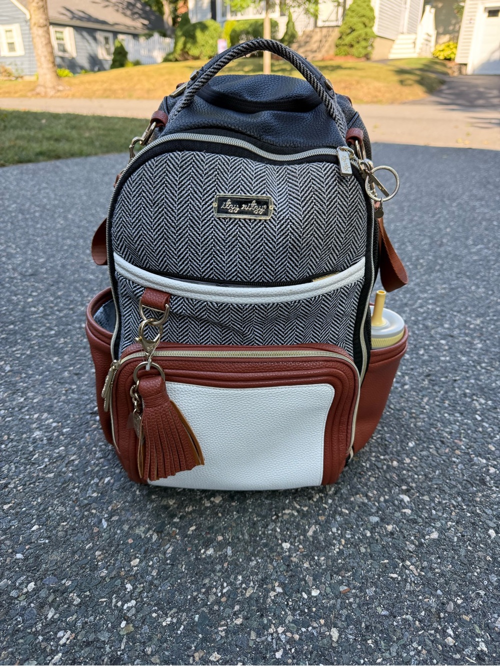Itzy Ritzy Herringbone Black & White Backpack with Brown Trim